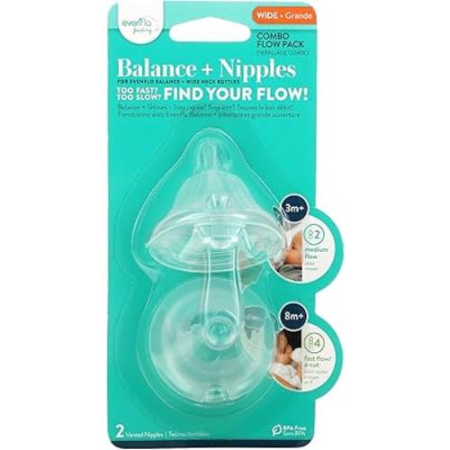 Evenflo Feeding Balance + Nipples, Combo Flow Pack, Wide, 3+ Months, Medium, 2 Vented Nipples