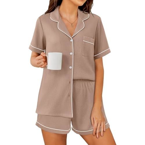 Ekouaer Womens Waffle Knit Pajama Sets Soft Short Sleeve Button Down Sleepwear Cozy 2 Piece Pjs Shorts Set
