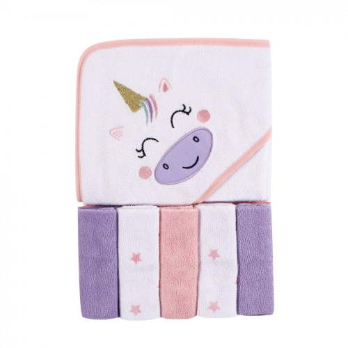 Luvable Friends Baby Girl Hooded Towel with Five Washcloths, Unicorn, One Size