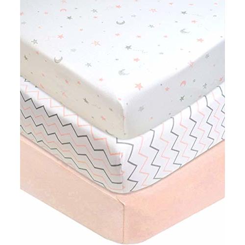 American Baby Company 3 Piece 100% Cotton Jersey Knit Fitted Crib Sheet for Standard Crib and Toddler Mattresses, Blush Pink Star/Zigzag, for Girls