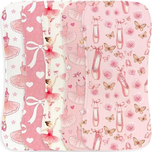 5pcs Ballerina Burp Cloths for Baby Girls Parent,100% Cotton Ballerina Themed Ballet Shoes Bowknot Ballet Danceer Tutu Dress Muslin Baby Burping Cloths for Infant Newborns
