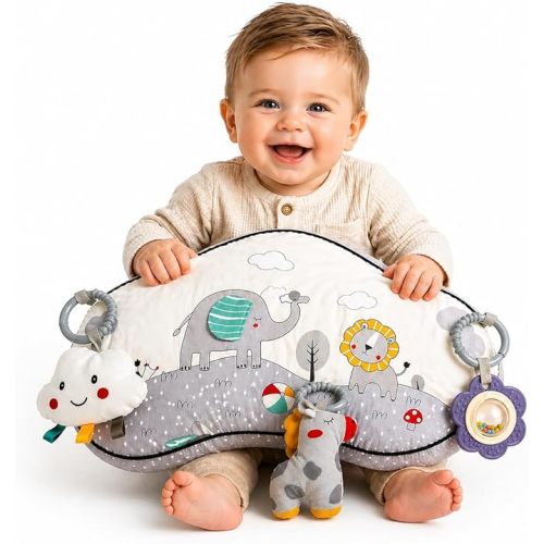 Tummy Time Activity Toy | Baby Sensory Pillow for Infants 0-6 Months | Pillow with Detachable Rattle | Crinkle & Teether Toys | Soft Breathable Floor Pillow for Newborns and Babies
