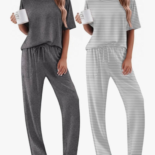 Ekouaer 2 Pack Womens Pajama Sets Short Sleeve Tops and Long Pants Casual Comfy Pjs Lounge Set with Pockets,S-XXL