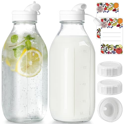 Syntic 2 Pack 32 Oz Glass Milk Bottles with Airtight Lids & 2 Caps | Reusable Screw Lids with 2 Dispenser Caps for Glass Water Jug,Buttermilk, Juice,Syrup,Coffee Creamer & Refrigerator Storage