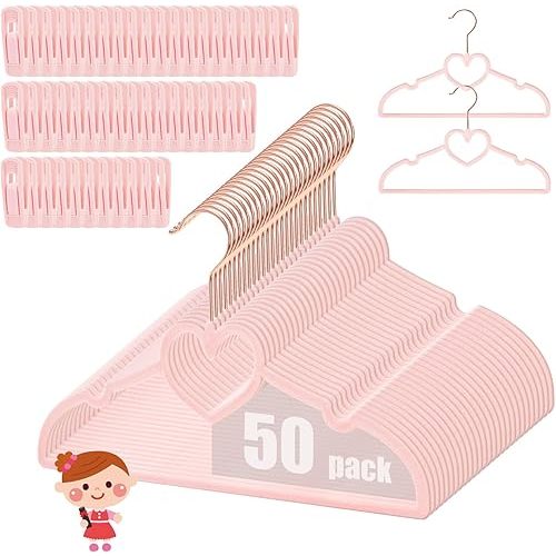 Coloch 50 Pack Pink Velvet Hangers for Kids, 12.8 in Non-Slip Baby Hangers with 20 Clips for Closet, Space-Saving Slim Felt Children Clothes Hanger for Nursery, Preteen, Coat, Dress, Shirt
