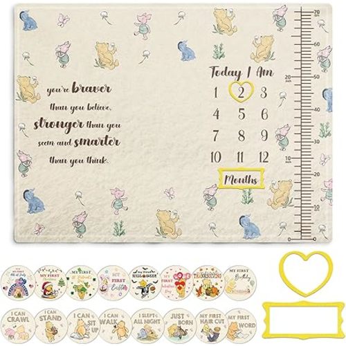 Winnie Milestone Blanket for Baby, Pooh Babies Monthly Blanket, Winnie Quotes Baby Milestone Blankets, Newborn Photography Background Decor, with 8 Holiday Cardstocks