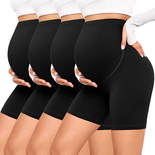 VALANDY Creamlush 4 Pack Maternity Shorts–Over The Belly Buttery Soft Stretchy Maternity Lounge Yoga Shorts