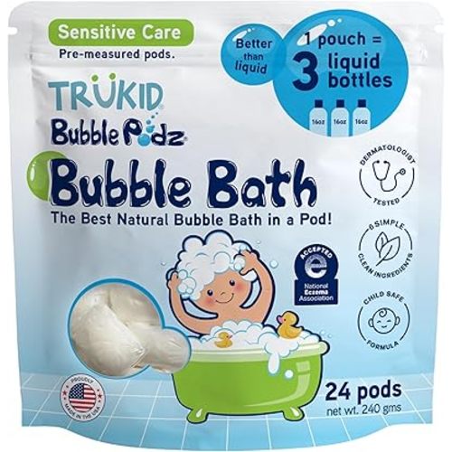 TruKid Bubble Podz Bubble Bath for Kids, Toddlers, & Babies, NEA-Accepted for Eczema, Gentle Refreshing Colloidal Oatmeal Bath Bomb for Sensitive Skin, pH Balanced, Tear Free, Unscented (24 Podz)