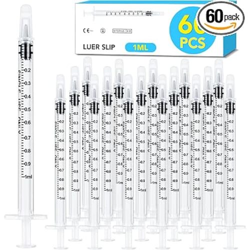 60 PCS 1ml Syringe with Cap for Liquid,Oral Syringes without Needle for Medicine Dropper, Colostrum Collect, Liquid Measuring, Individually Sealed, Luer Slip