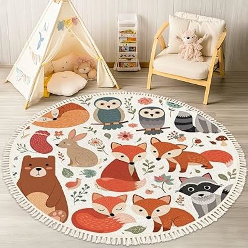 Round Rugs Woodland Animals Cute Forest Design Elements Boho Area Rug Linen and Cotton Carpet Meditation Rug Washable Hallway Runner Mat Accent Rug for Bedroom Bathroom 4ft, Multi1