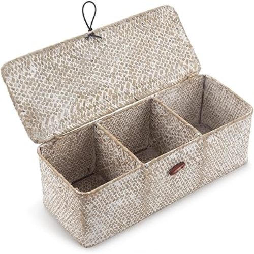 Seagrass Storage Basket with Lid Rectangular Small Woven Shelf Baskets with Sections for Organize Snack Toys Whitewash