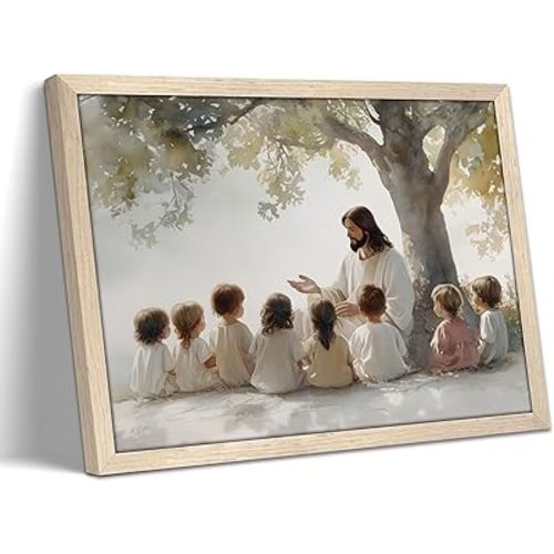 Jesus With Children Wall Art, Christian Jesus Teaching Kids Wall Decor Paintings, Religious Bible Canvas Print Pictures for Nursery Kids Room Prayer Room Home Decor Wood Framed 8x10 Inch