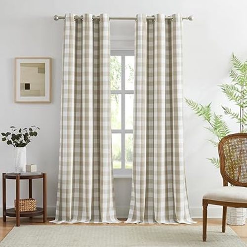 Amzdecor Beige White Buffalo Plaid Full Blackout Curtains 90 Inch Long for Bedroom Living Room Farmhouse Check Patterned Drapes Thermal Insulated Soundproof Grommet Window Treatment, 2 Panels, 40"x90"