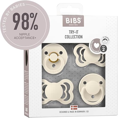BIBS Try-It Collection | 4-Pack Soothers | BPA-Free Round, Anatomical & Symmetrical Nipple | Natural Rubber Latex/Silicone | Made in Denmark | 6-18 Months | Ivory