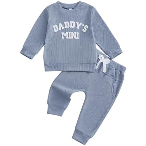 Toddler Baby Boy Fall Outfit Daddy's Mini Waffle Knit Sweatshirt Tops + Jogger Pants Kids Casual Winter Clothes
