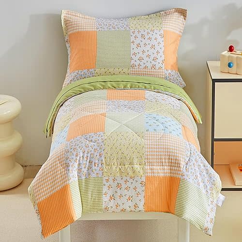 DuShow Toddler Bedding Set,4 Piece Crib Bedding Set for Boys and Girls,Orange Floral Grid Patchwork Comforter Set, Includes 1 Toddler Comforter,1 Fitted Sheet,1 Flat Sheet,1 Pillowcase