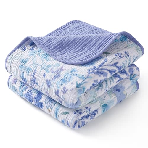 TILLYOU Muslin Baby Blankets for Girls Boys, Cotton Baby Blankets, Soft Breathable and Lightweight 40"X40", Blue Flower