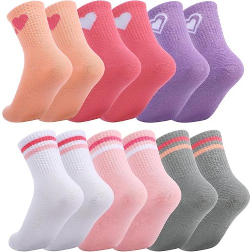 6 Pairs Kids Girls Cotton Crew Socks with Heart Stripes