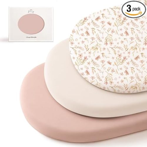Konssy 3 Pack Stretchy Bassinet Sheets for Baby Girl Boy, Soft Breathable Baby Bassinet Mattress Sheets Fit for Hourglass Oval Cradle, Moses Basket Rectangle Mattress (Pink Spring)