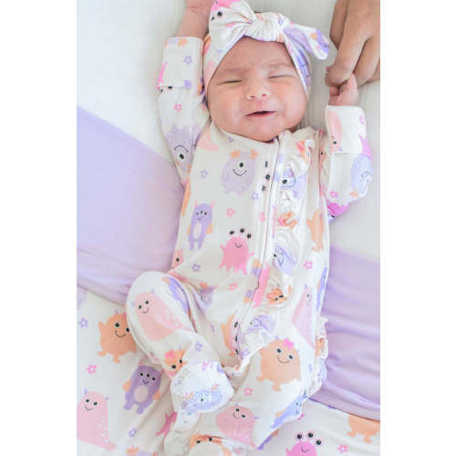 Zipper Ruffle Footie in Mini Monsters Pink | Caden Lane| 0-3 mo