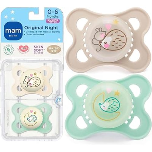 MAM Original Baby Pacifiers 0-6 Months, Binky for Newborn Babies, BPA-Free Skin Soft Silicone Nipple, Glows in The Dark, Developed with Medical Experts, 2 Count, Sterilizer Case, Made in Europe