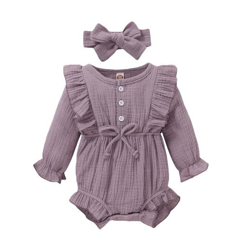 Kucnuzki Newborn Baby Girls Bodysuits 6-12 Months Ruffle Long Sleeves Bodysuits Solid Color Romper Waistband One-piece Overalls with Headband 2pcs Purple