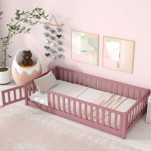 PAPROOS Twin Size Floor Bed, Solid Wood Toddler Bed with Slat, Fence Guardrail and Door, No Box Spring Needed, Montessori Bed, Twin Bed for Kids, Boys, Girls, Pink
