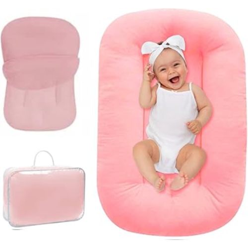 Baby Lounger 0-18 Months, Baby Lounger for Newborn, Soft Organic Cotton Breathable Lounger for Infants (Pink Baby Lounger)