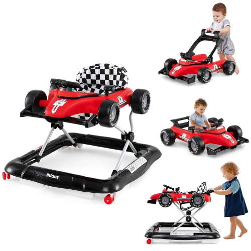 INFANS 4 in 1 Baby Walker, Foldable Toddler Activity Center with Adjustable Height, Padded Seat, Music, Light, Removable Toy Tray, Push Walker for Girls Boys Aged 6-18 Months