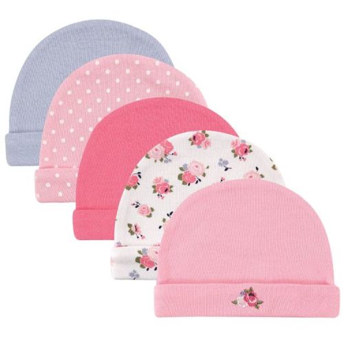 Luvable Friends Baby Girl Cotton Caps 5pk, Floral Dot, 0-6 Months