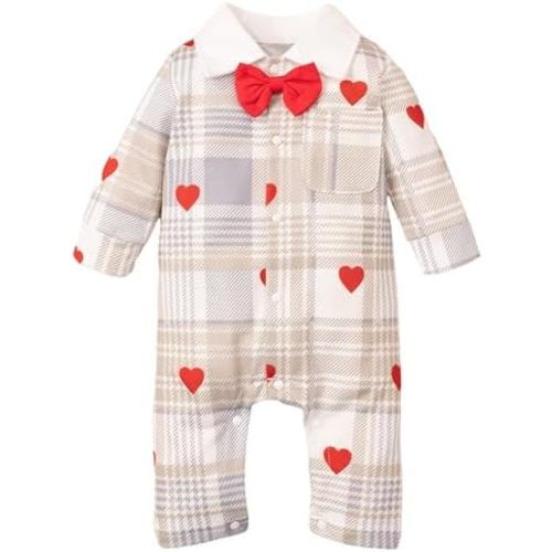 Baby Boy Valentine's Day Outfit Gentleman Bowtie Tuxedo Suit One Piece Romper Heart Print Bodysuit 0 to 2 Year