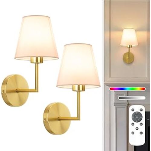 NIORSUN 13.8 inch Battery Operated Wall Sconce Set of 2,Gold Rechargeable Wall Lights with 5200mAh Dimmable Detachable Bulbs and Remote,9 Colors Wireless Sconces for Bedroom Living Room Hallway