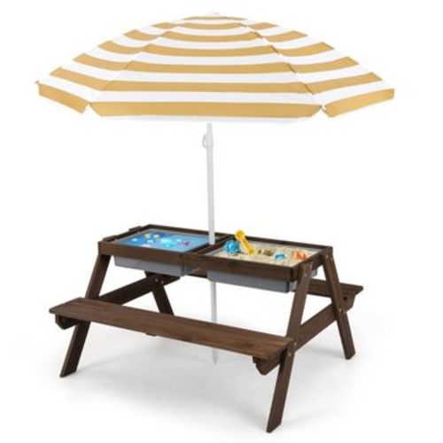 Costway 3-in-1 Kids Picnic Table Wooden Outdoor Sand & Water Table with Umbrella Play Boxes Brown