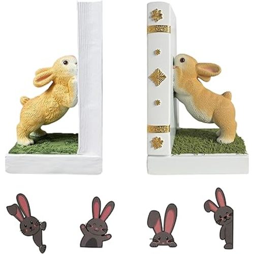 Bunny Bookend Set with 4 Bookmarks – Cute Rabbit Book Holders for Kids Books, Childrens Room Shelves, White Forest Animal Bookends, Peter Rabbit Book Decorations, Gift for Baby Nursery Bunnies