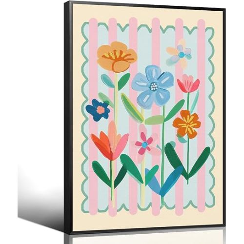 Wildflower Nursery Canvas Wall Art, Colorful Floral Botanical Poster, Smile Flowers Picture Print for Baby Girls Bedroom Playroom, Nature Floral Wall Decor for Kids Room 8x12in Framed
