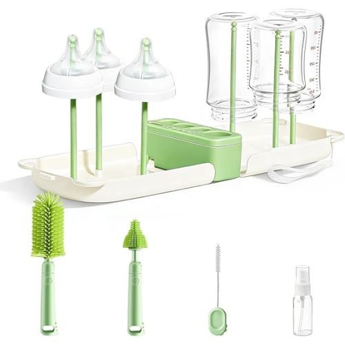 Portable Baby Bottle Brush Set, 7 in 1 Travel Baby Bottle Cleaner Kit, Portable Bottle Washing Kit with Silicone Bottle Brush, Nipple Brush, Straw Brush, Drying Rack for Home and Travel (Green)