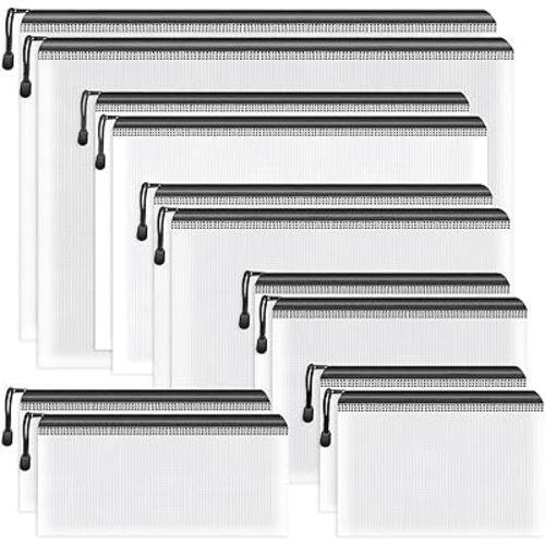 Umriox Zipper Bags, 6 Assorted Size (Black, 12 Packs), Project Bags for Cross Stitch, Mesh Zipper Pouch for Office Supplies Travel Accessories and Board Games Storage