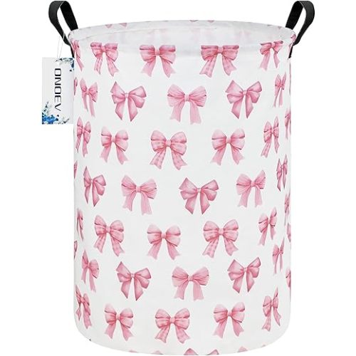 Round Foldable Girls' Storage Basket Kids Laundry Hamper Pink Gift Basket Suitable For Home Decoration Office and Toy Storage(Pink Knot)