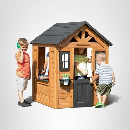 Backyard Discovery Sweetwater Cedar Wooden Kids Playhouse Cottage with Play Kitchen, Snack Bar, Half Door, Toy Phone, Windows, Flowerpot Holders, and Working Doorbell for Outdoor Imaginative Play