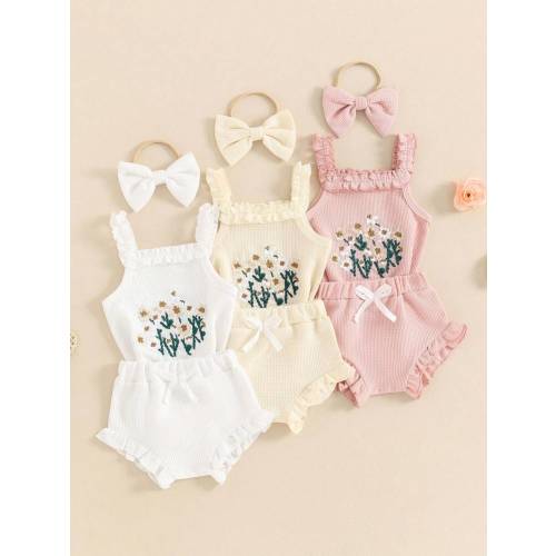 Newborn Baby Girl Summer Clothes Floral Embroidery Hater Romper Bloomers Shorts Set Headband Cute Baby Girl Outfit | SHEIN USA