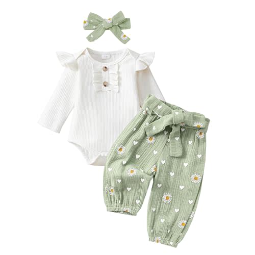 Newborn Baby Girl Clothes Ribbed Knit Romper Heart Daisy Print Pants for 0 3 6 12 18 24 Months Girl Outfits