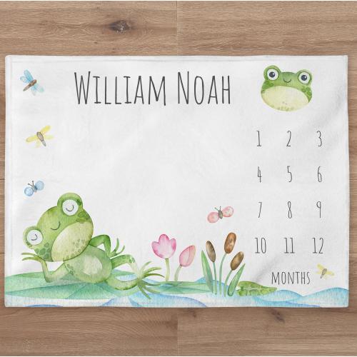 Frog Milestone Blanket Personalized Dragonfly Baby Boy Month Blanket Custom Frogs Age Newborn Calendar Tracker New Baby Shower Gift