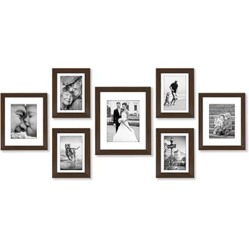 Americanflat Set of 7 Picture Frames with Shatter-Resistant Glass - Gallery Wall Frame Set with One 11x14, Two 8x10 and Four 5x7 Frames - Signature Collection - Walnut