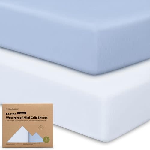 2 Pack and Play Sheets, Waterproof Mini Crib Sheets Fitted - 38x26 Organic Cotton Pack N Play Sheets for Graco Pack and Play Mattress, Playard Baby Crib Sheets,Neutral for Boy,Girl,Toddler(Blue Flax)