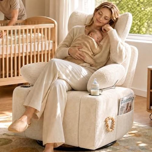 Nursery Rocking Glider Chair w/ Adjustable Armrest & Headrest, White