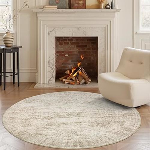 6x6 Beige Round Rug 6ft Living Room Circle Rug Vintage Round Area Rug Non Slip Indoor Carpet for Dining Room Bedroom