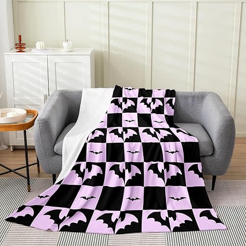Erosebridal Bat Fleece Blanket Baby 30"x40" Gothic Halloween Flannel Blanket Cartoon Black Purple Bats Fuzzy Plush Throw for Kids Boys Girls,Goth Checkered Halloween Decor for Bed Couch