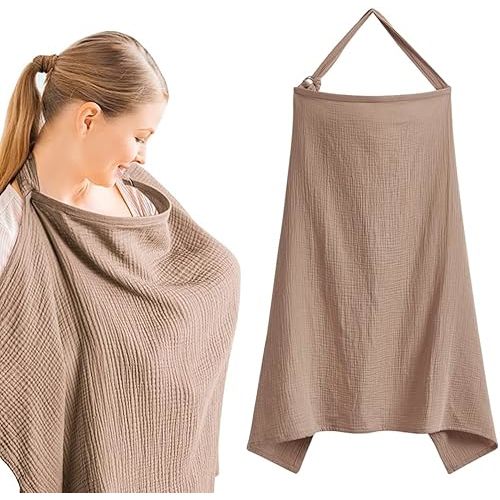 Muslin Nursing Cover for Breastfeeding, Soft&Breathable Cotton Breastfeeding Cover for Women,Privacy Nursing Covers with Arch Neckline Adjustable Hoop for Mother Nursing Apron(Brown)