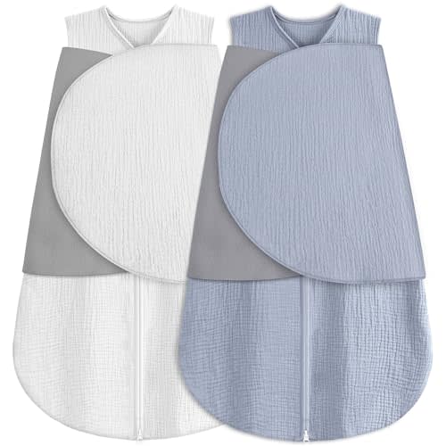 BSTOPPT Newborn Sleep Sack Baby Swaddle,100% Muslin Cotton,3-Way Adjustable Wearable Blanket,Swaddling Sleeping Bag (2, White & Light Gray, 0-3 Months)