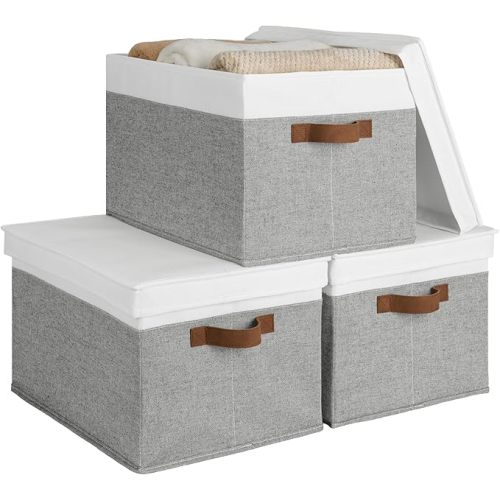 StorageWorks Storage Bins with Lids, Decorative Storage Boxes with Lid and PU Handles, Foldable Storage Baskets for Closet, Shelves, Stackable, Gray and White, Jumbo, 3-Pack